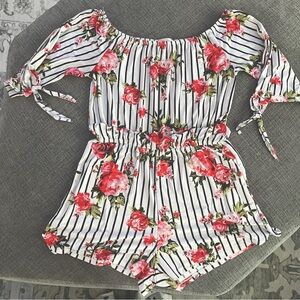 Stella Tweed Striped Off Shoulder Tie Sleeve Floral Short Romper